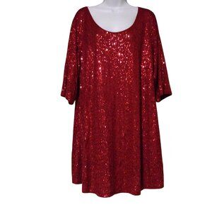 Eileen Fisher Ruby Red Sequin 100% Silk Blingy Standout Sparkle Drape Dress 2X